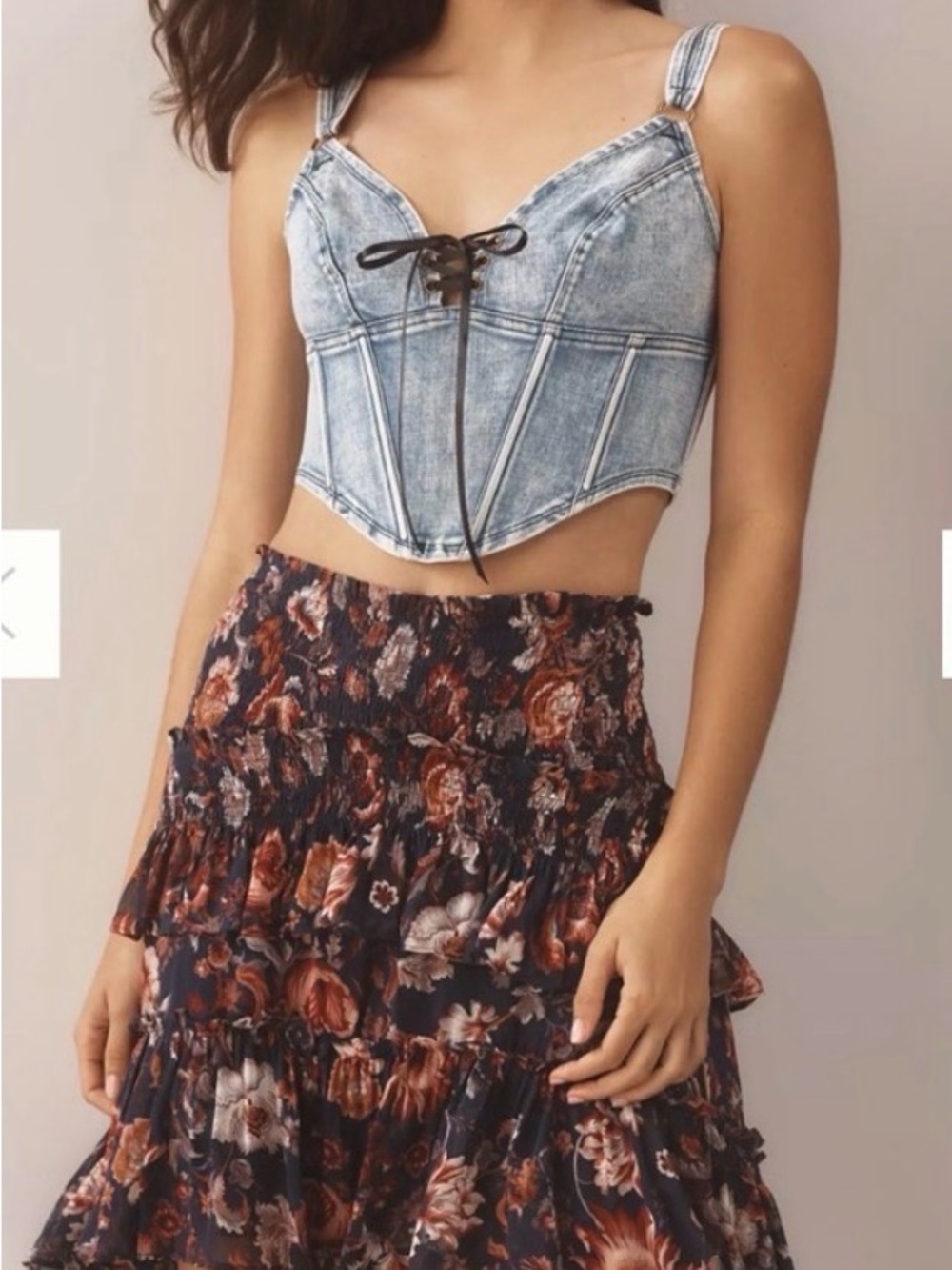 NET Anthropologie Tiered Floral Smocked Maxi Skirt in Navy and Rust